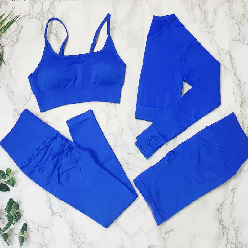 Seamless Yoga Set Fitness Suits 2/3/4 PCS Women Sportswear Gym Leggings Long Sleeve Crop Top Workout Sports Clothing Woman Wear