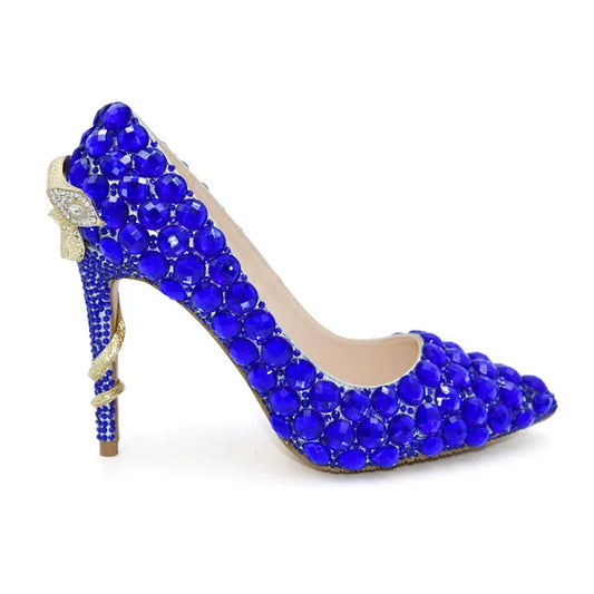 Ladies Royal Blue Rhinestone Gold Snake Embellished Heel Pumps Female Crystal High Heels Wedding Evening Pump Pointy Toe Shoes